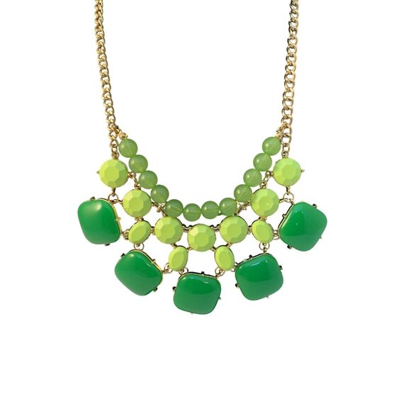 Vintage Green Layered Lucite Statement Bib Necklace Gold Chain (1846) - Picture 2 of 5
